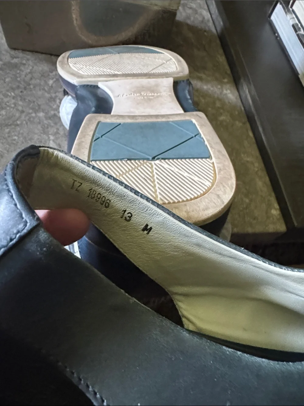 Salvatore Ferragamo Beige and Navy Leather, Rubber Sole Detail
